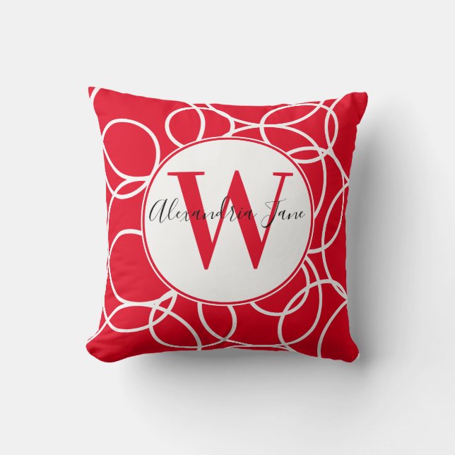 Monogram White Circles Red Modern Abstrakt Kissen (Vorderseite)