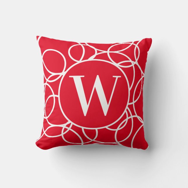 Monogram White Circles Red Modern Abstrakt Kissen (Vorderseite)