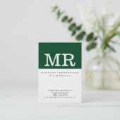 Monogram White Forest Green Chic Visitenkarte (Stehend Vorderseite)