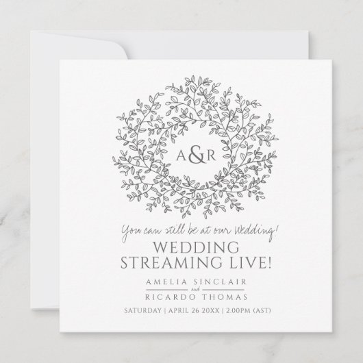 Monogram, white gray Blätter Hochzeitlive Stream Ankündigung (Vorderseite)