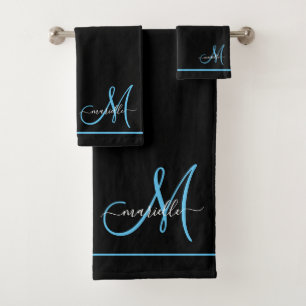 Monogram White Initial Blue Script Name Badhandtuch Set