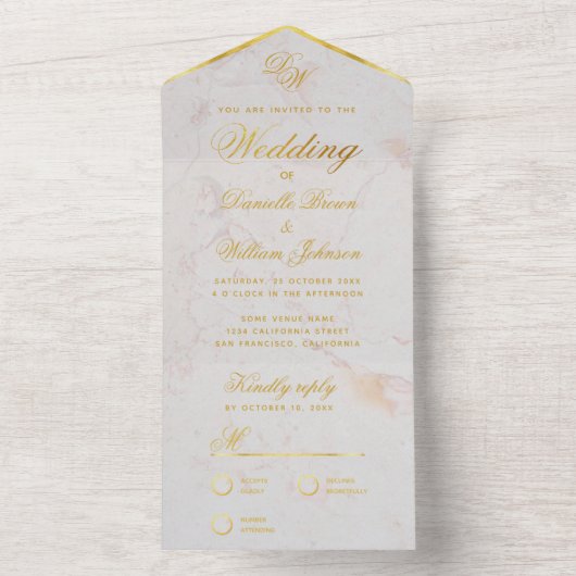 Monogram White Marble Imitats Gold Elegante Hochze All In One Einladung (Innen Boden)