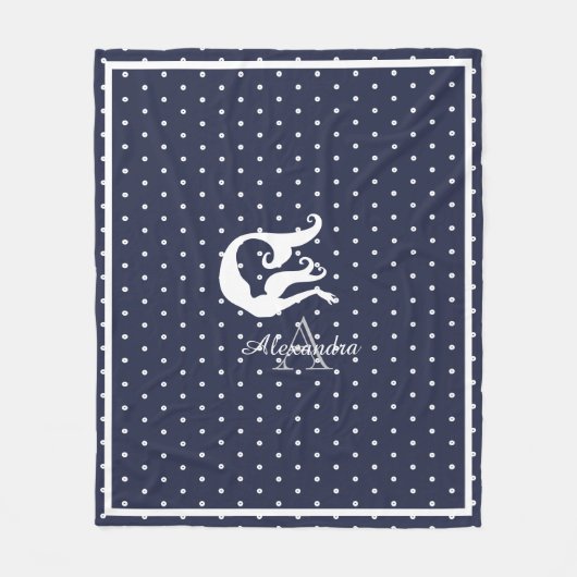 Monogram White Meerjungfrau auf Marineblau Fleecedecke (Vorderseite)