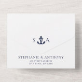 Monogram White, Navy Blue Nautical Anchor Wedding All In One Einladung (Rückseite)