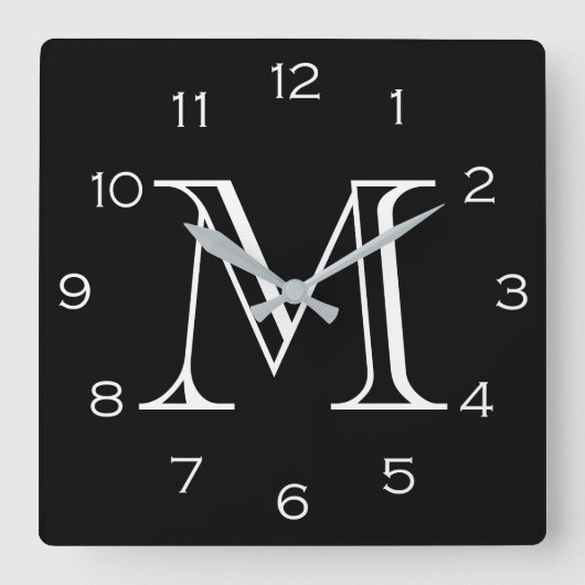 Monogram White Numbers On Black wccn Quadratische Wanduhr (Vorderseite)