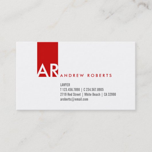 Monogram White Red Clean Business Card Visitenkarte (Vorderseite)