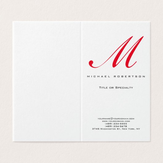 Monogram White Red Unique Standard Matte Visitenkarten (Außenseite Aufgefaltet)