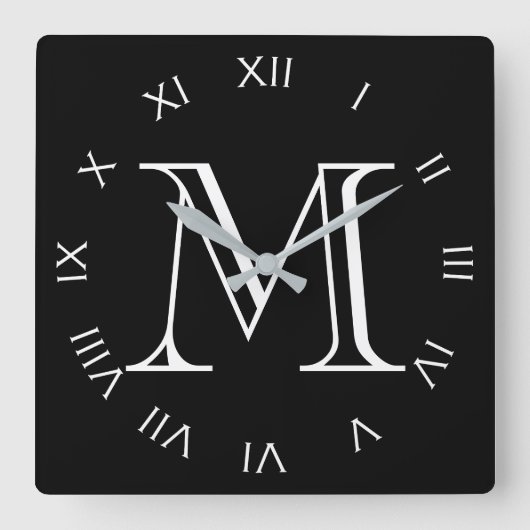 Monogram White Roman Numbers on Black Wccn Quadratische Wanduhr (Vorderseite)