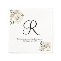 Monogram White Roses Floral Elegant Wedding Napkin