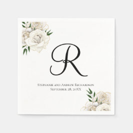 Monogram White Roses Floral Elegant Wedding Napkin Serviette