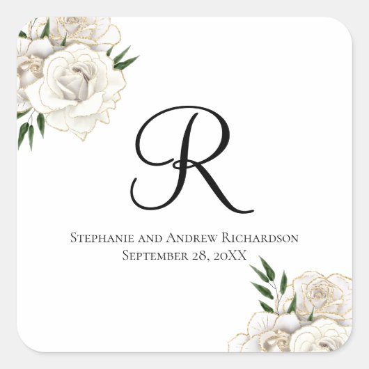 Monogram White Roses Floral Elegante Hochzeit Quadratischer Aufkleber (Vorderseite)