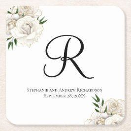 Monogram White Roses Floral Elegante Hochzeit Rechteckiger Pappuntersetzer