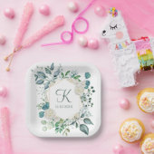 Monogram White Roses Greenery Eucalyptus Wedding Pappteller (Party)