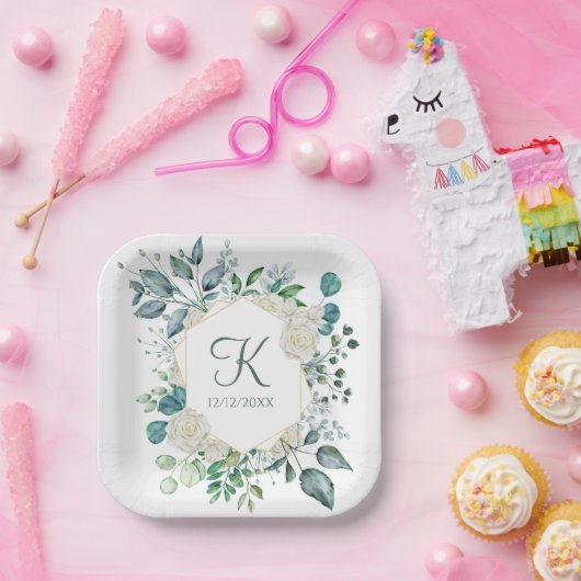 Monogram White Roses Greenery Eucalyptus Wedding Pappteller (Party)