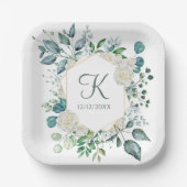 Monogram White Roses Greenery Eucalyptus Wedding Pappteller (Vorderseite)