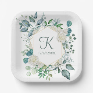 Monogram White Roses Greenery Eucalyptus Wedding Pappteller