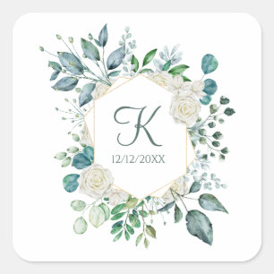 Monogram White Roses Greenery Eucalyptus Wedding Quadratischer Aufkleber