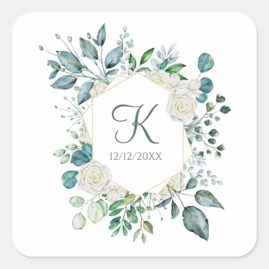Monogram White Roses Greenery Eucalyptus Wedding Quadratischer Aufkleber (Vorderseite)