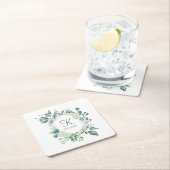 Monogram White Roses Greenery Eucalyptus Wedding Rechteckiger Pappuntersetzer (Vor Ort)