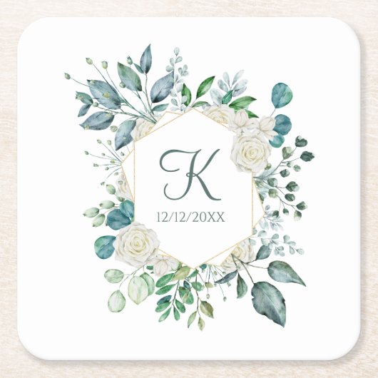 Monogram White Roses Greenery Eucalyptus Wedding Rechteckiger Pappuntersetzer (Vorderseite)