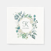 Monogram White Roses Greenery Eucalyptus Wedding Serviette (Vorderseite)