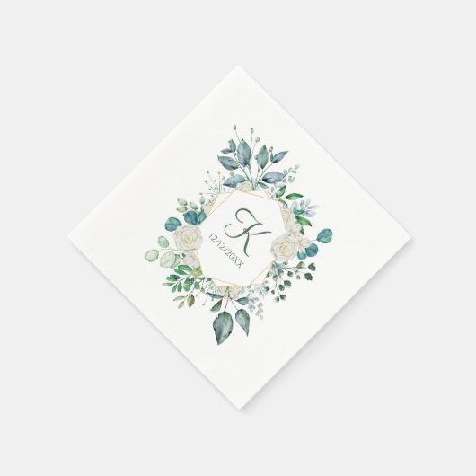 Monogram White Roses Greenery Eucalyptus Wedding Serviette (Ecke)