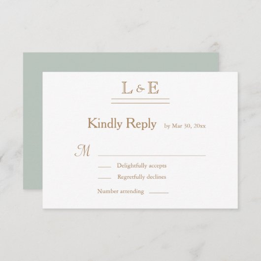 Monogram White Sage Gold Ampersand Wedding RSVP Einladung (Vorne/Hinten)