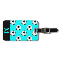 Monogram White Soccer Football Balls, Aqua Blue