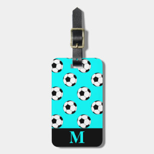 Monogram White Soccer Football Balls, Aqua Blue Gepäckanhänger