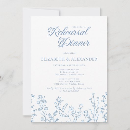 Monogram Wildblume Periwinkle Probe Dinner Einladung (Vorderseite)