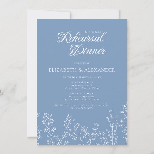 Monogram Wildblume Periwinkle Probe Dinner Einladung (Vorderseite)