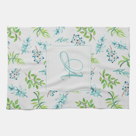 Monogram Wildblumen Blau-Grüne Hochzeitdekor Geschirrtuch (Horizontal)