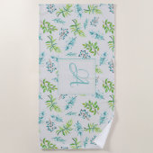 Monogram Wildblumen Blau-Grüne Hochzeitdekor Strandtuch (Vorderseite)
