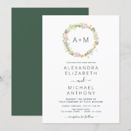 Monogram Wildblumen Emerald Green Wedding Einladung