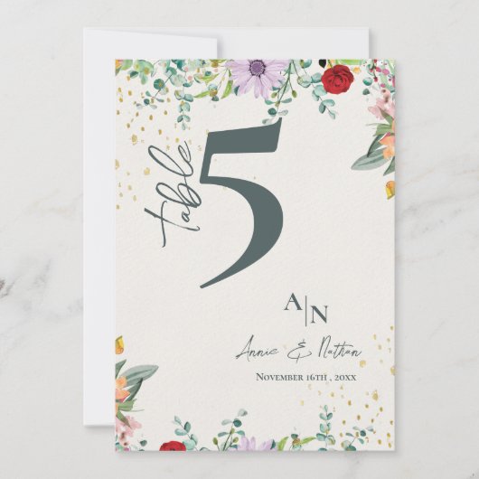 Monogram Wildblumen Floral Wedding Tischnummer (Vorderseite)