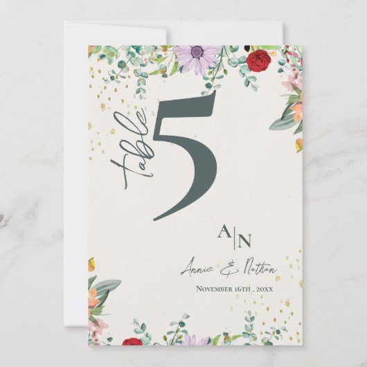 Monogram Wildblumen Floral Wedding Tischnummer (Rückseite)