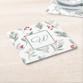 Monogram Winter Botanical Paper Drink Coaster Rechteckiger Pappuntersetzer (angewinkelt)