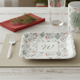 Monogram Winter Foliage Holiday  Pappteller