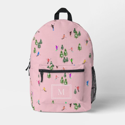 Monogram Winter Pink Skiers Skifahren Bedruckter Rucksack (Vorderseite)