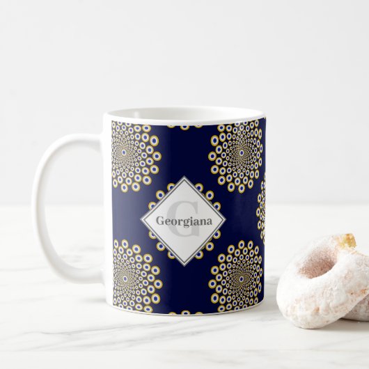 Monogram, wir beobachten Sie Navy & Gold Polka Dot Kaffeetasse (Mit Donut)