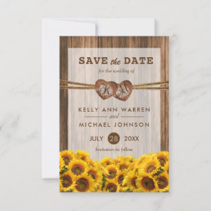 Monogram Wood Hearts mit Sonnenblumen Save The Date