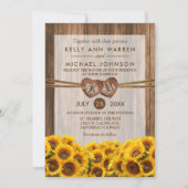 Monogram Wood Hearts with Country Sunflowers Einladung (Vorderseite)
