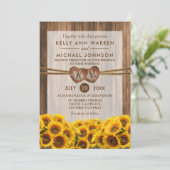Monogram Wood Hearts with Country Sunflowers Einladung (Stehend Vorderseite)