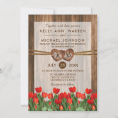 Monogram Wood Hearts with Red Tulips Einladung (Vorderseite)