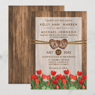 Monogram Wood Hearts with Red Tulips Einladung