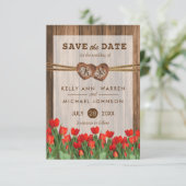Monogram Wood Hearts with Red Tulips Save The Date (Stehend Vorderseite)