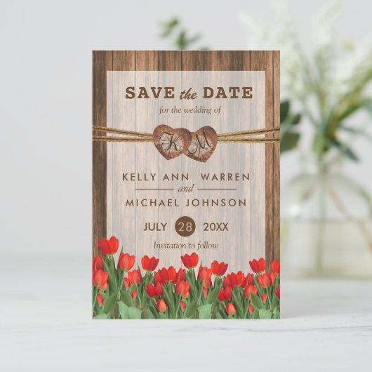 Monogram Wood Hearts with Red Tulips Save The Date (Stehend Vorderseite)