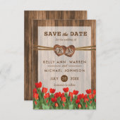 Monogram Wood Hearts with Red Tulips Save The Date (Vorne/Hinten)