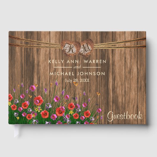 Monogram Wood Hearts with Wildblumen - Gästebuch (Vorderseite)