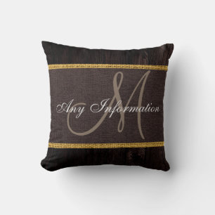 Monogram Wood Look Brown Burlap Rustic Kissen